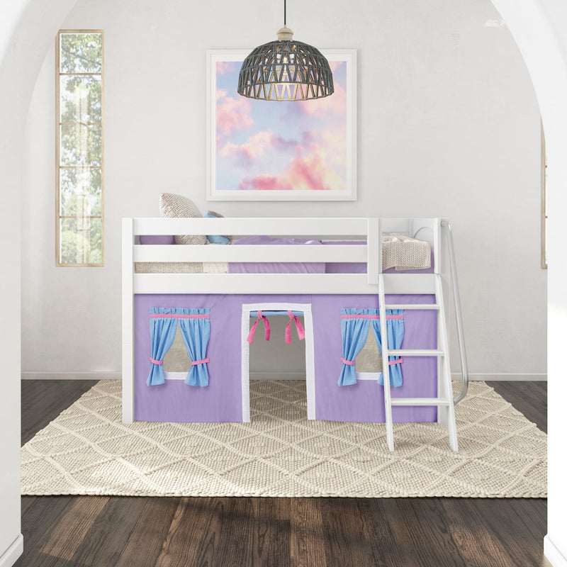 White wooden loft bunk bed with purple playhouse curtains and ladder in a modern kids bedroom, pastel cloud wall art, woven pendant light, arched windows and textured cream rug on dark hardwood floors