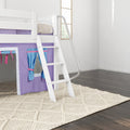 White loft bunk bed with ladder and purple playhouse curtain, cream knit blanket and round rug on dark hardwood floor in a modern kids' bedroom