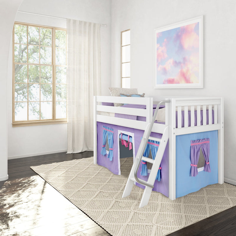 White wooden children's loft bed with ladder and purple-blue play tent curtains in bright kid's bedroom with large window, sheer curtains and pastel cloud wall art