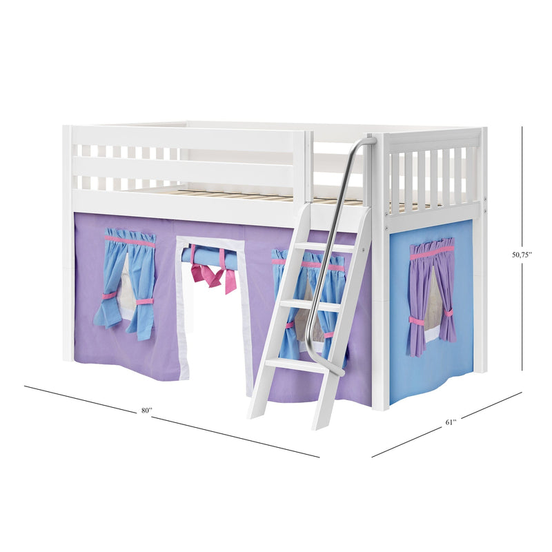 White wooden twin loft bed with angled ladder, purple and blue playhouse tent panels and under-bed play area, 80 in x 61 in footprint and 50.75 in height