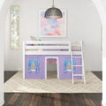 White wooden loft bed with purple playhouse curtains and ladder in a bright kids’ bedroom with woven pendant light, pastel cloud wall art, arched windows and textured beige rug on dark hardwood floor