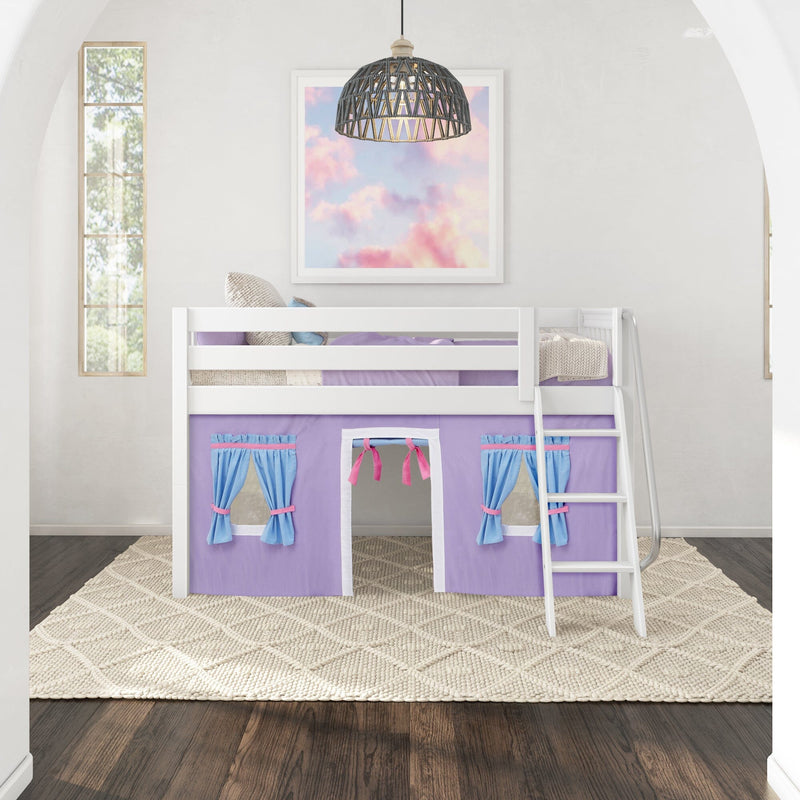White wooden loft bed with purple playhouse curtains and ladder in a bright kids’ bedroom with woven pendant light, pastel cloud wall art, arched windows and textured beige rug on dark hardwood floor