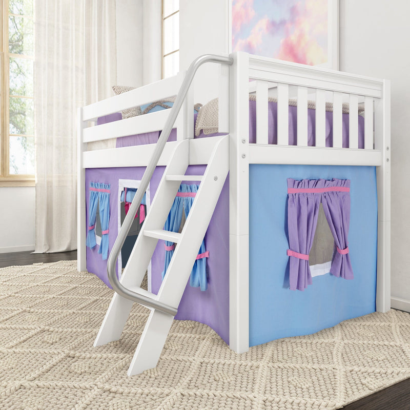 White wooden loft bunk bed with ladder in kids' room, purple and blue playhouse curtains, beige woven rug and sunlit window