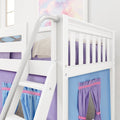 White wooden loft bunk bed with angled ladder, safety guardrail, purple bedding and blue curtain storage panels, modern kids bedroom furniture