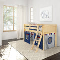Wooden loft bunk bed with navy play-tent panels and ladder in a bright kids' bedroom with large window, sheer curtains, elephant wall art, and textured rug