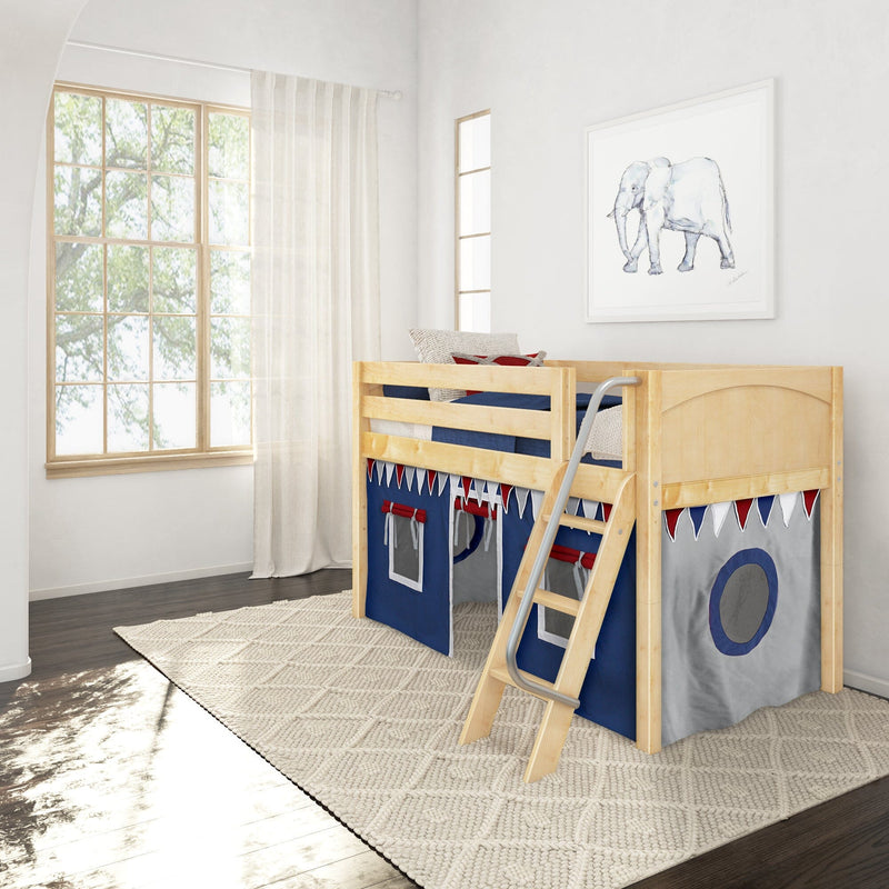 Wooden loft bunk bed with navy play-tent panels and ladder in a bright kids' bedroom with large window, sheer curtains, elephant wall art, and textured rug