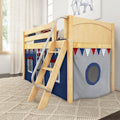 Natural wood kids loft bed with ladder and metal handrail, navy-and-red under-bed play tent with pennant bunting in bright children's bedroom.
