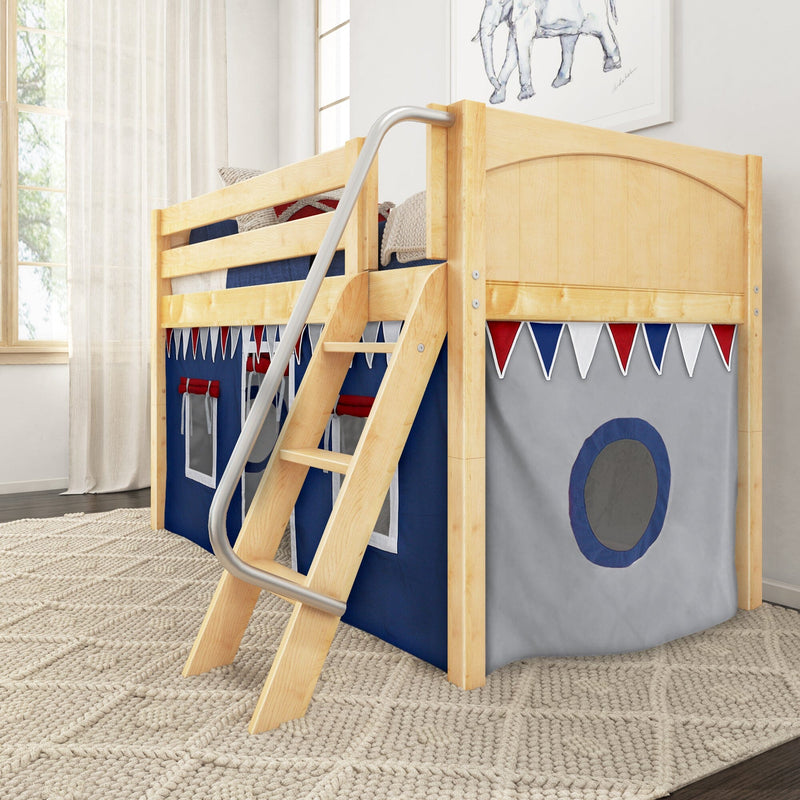 Natural wood kids loft bed with ladder and metal handrail, navy-and-red under-bed play tent with pennant bunting in bright children's bedroom.