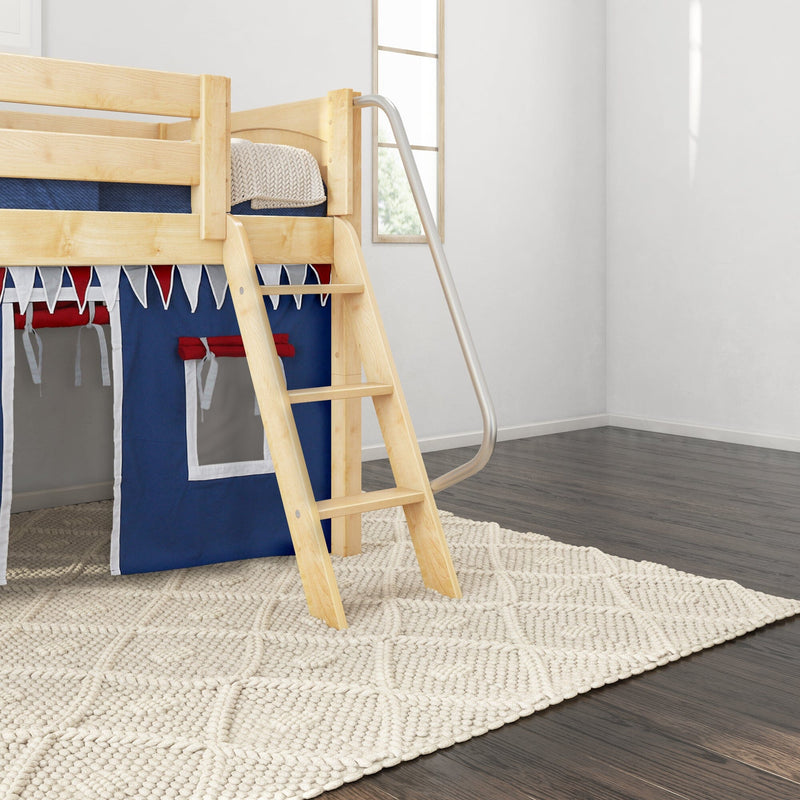 Kids loft bed with light wood ladder and navy blue play tent underneath, chunky cream knitted rug on dark hardwood floor in a modern white bedroom