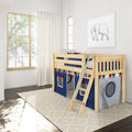 Modern kids' room with natural light, wooden loft bunk bed with navy play-tent panels and ladder, elephant wall art, sheer curtains and neutral rug