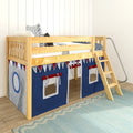 Kids loft bed with natural wood frame, ladder and navy-blue play-tent curtains with red-white pennant trim in bright bedroom