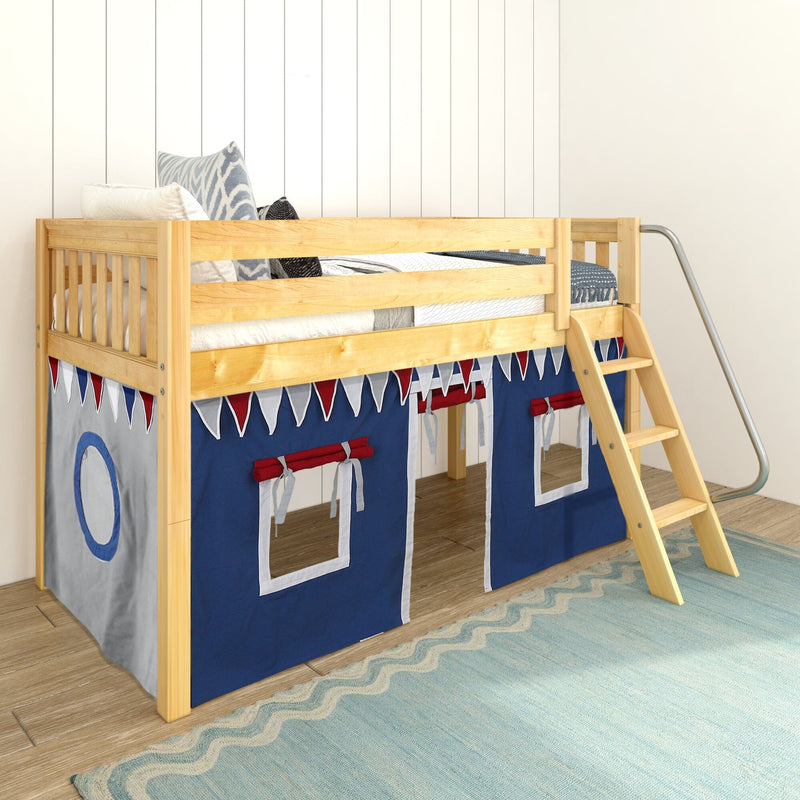 Kids loft bed with natural wood frame, ladder and navy-blue play-tent curtains with red-white pennant trim in bright bedroom