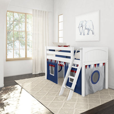 White wooden kids loft bed with navy-and-red playhouse curtains, ladder and under-bed play area in a bright modern nursery with elephant wall art and large window
