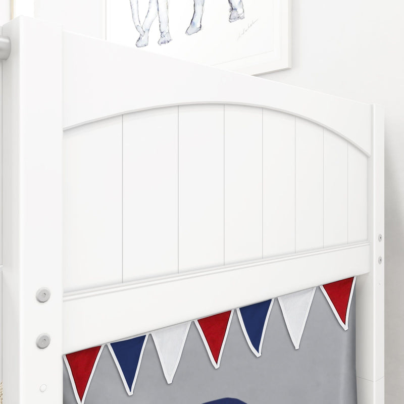White wooden bed headboard with red, white, and blue triangular bunting garland in a minimalist children's bedroom nursery