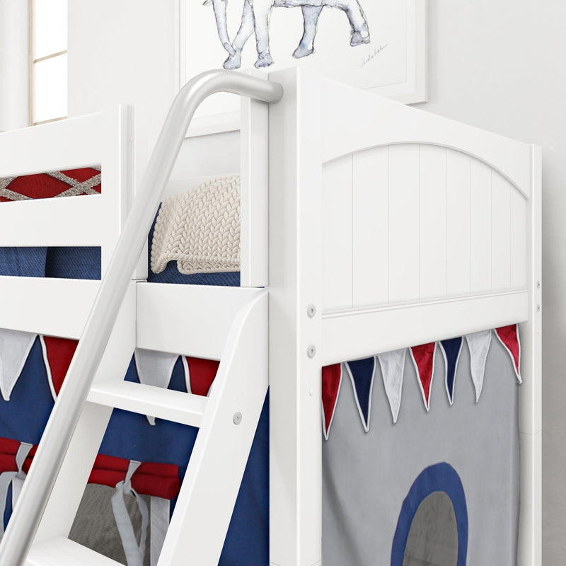Close-up of white wooden children's bunk bed ladder with nautical red, navy and gray bunting, play-tent panel and textured knit blanket