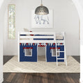 White wooden kids loft bunk bed with navy and red play-tent curtains and ladder, nautical bunting, elephant wall art, woven pendant light, cream textured rug and dark hardwood floor