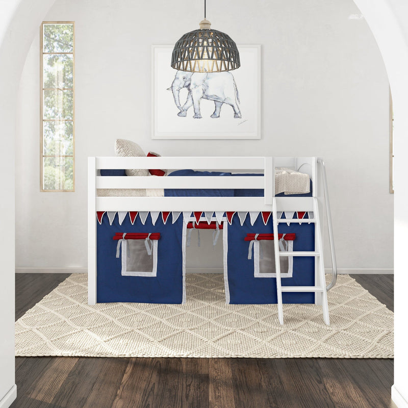 White wooden kids loft bunk bed with navy and red play-tent curtains and ladder, nautical bunting, elephant wall art, woven pendant light, cream textured rug and dark hardwood floor