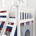 White kids loft bunk bed with angled ladder and safety rail, navy bedding, cream knit blanket and red-white-blue bunting play panel in a modern children's bedroom