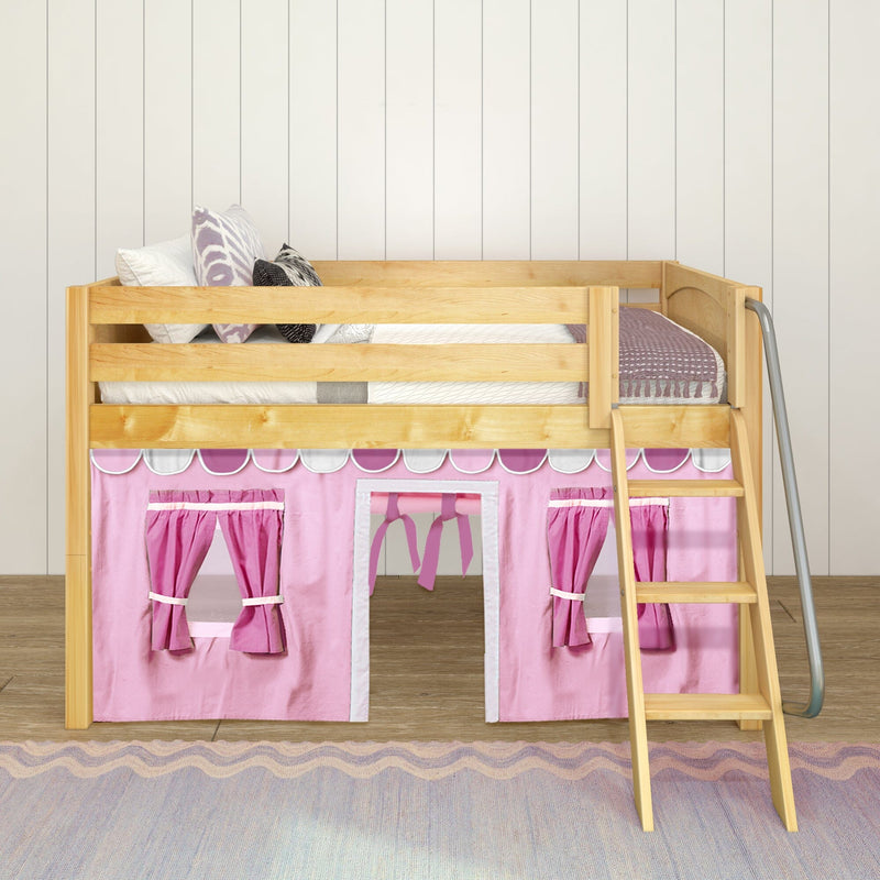 Natural wood kids loft bed with pink playhouse curtains, ladder, twin mattress and decorative pillows in a children's bedroom