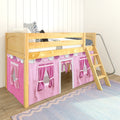 Light wood loft bunk bed with pink playhouse curtain, ladder and patterned pillows in a girl's kids bedroom playroom