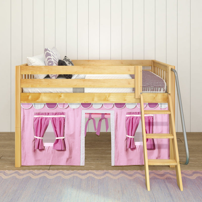 Natural wood loft bed with ladder and pink playhouse curtains underneath in a kids' bedroom, styled with decorative pillows and white shiplap wall