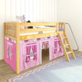 Wooden loft bed with ladder and pink playhouse curtains, purple patterned pillows and mattress in a child's bedroom with white paneled wall and pastel rug
