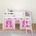 White wooden loft bunk bed with pink playhouse curtain and ladder, kids bunk bed with pillows and cozy children's bedroom decor