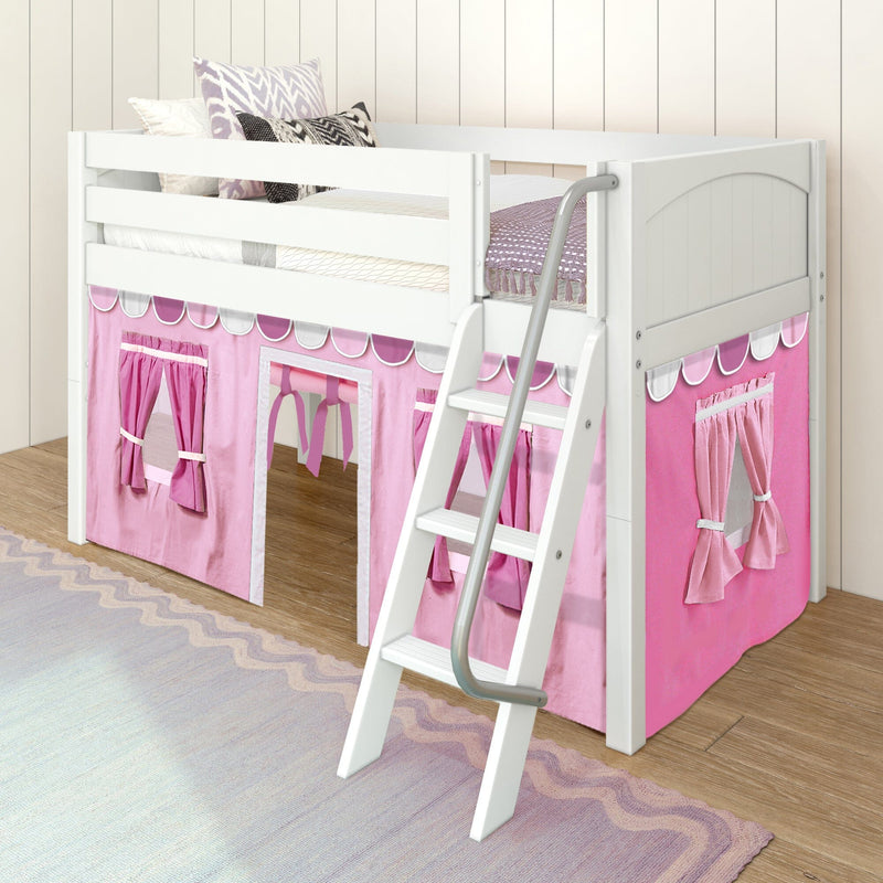 White wooden kids loft bed with ladder and pink playhouse curtains underneath, patterned pillows on top mattress in children's bedroom