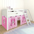 White wooden loft bed with ladder and pink play-tent curtains, purple patterned pillows and pastel rug in kids' bedroom on hardwood floor