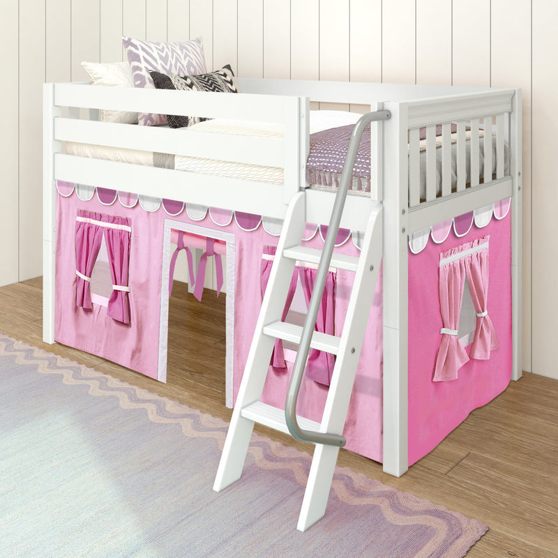 White wooden loft bed with ladder and pink playhouse curtain, patterned pillows and lavender throw in children's bedroom