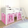 White wooden loft bed with pink playhouse curtains and ladder, purple pillows and rug in a children's bedroom play area