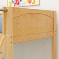 Close-up of light natural wood bunk bed headboard and safety rail showing plywood panels, metal hardware bolts and smooth finish for modern kids' bedroom furniture