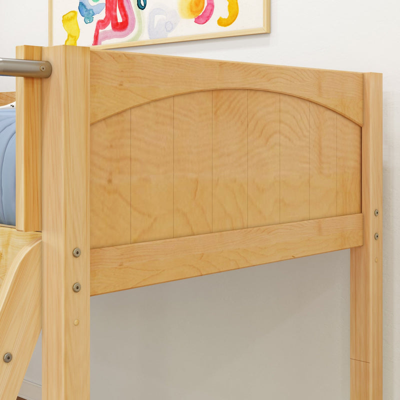 Close-up of light natural wood bunk bed headboard and safety rail showing plywood panels, metal hardware bolts and smooth finish for modern kids' bedroom furniture