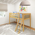 Kids loft bed with natural wood frame and ladder, blue bedding in a modern children's bedroom with abstract wall art, pendant light and neutral window shade