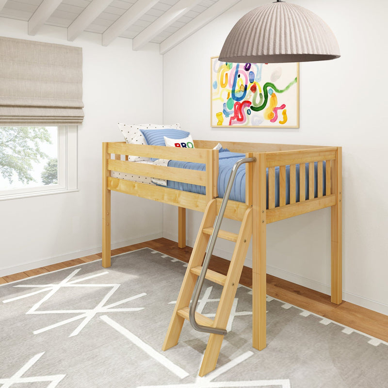 Kids loft bed with natural wood frame and ladder, blue bedding in a modern children's bedroom with abstract wall art, pendant light and neutral window shade