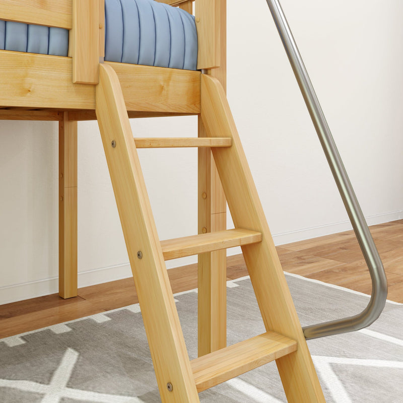 Close-up of natural wood loft bed ladder with sturdy rungs, metal safety handrail and blue mattress in modern kids bedroom