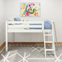 White loft bunk bed with ladder and blue quilted bedding in modern kids bedroom, star-pattern pillows, abstract colorful wall art and gray geometric rug