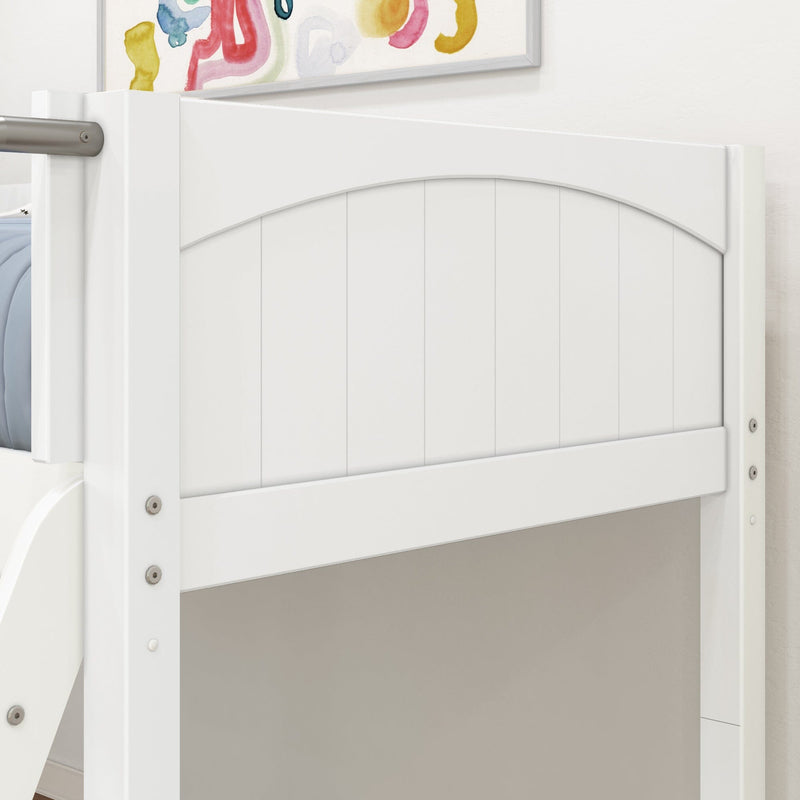 Close-up of white wooden bunk bed safety rail with arched panel and visible metal hardware, modern kids bedroom bunk bed frame detail