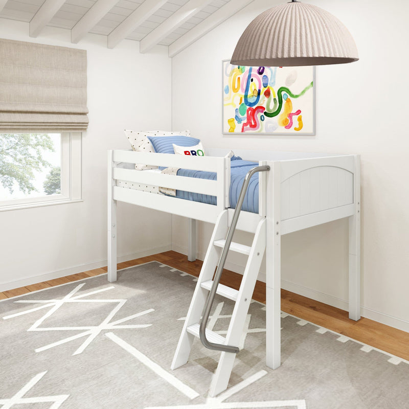 White kids loft bed with ladder and blue bedding in a modern children's bedroom with abstract wall art, beige Roman shade, pendant lamp, and gray geometric rug