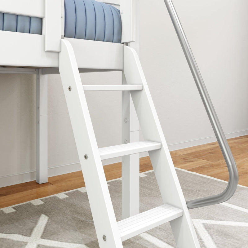 White wooden loft bed ladder with curved metal handrail and blue quilted mattress, modern bedroom hardwood floor and gray rug