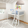 White children's loft bed with ladder and blue bedding in bright modern kids' bedroom with colorful abstract wall art, pendant light and window