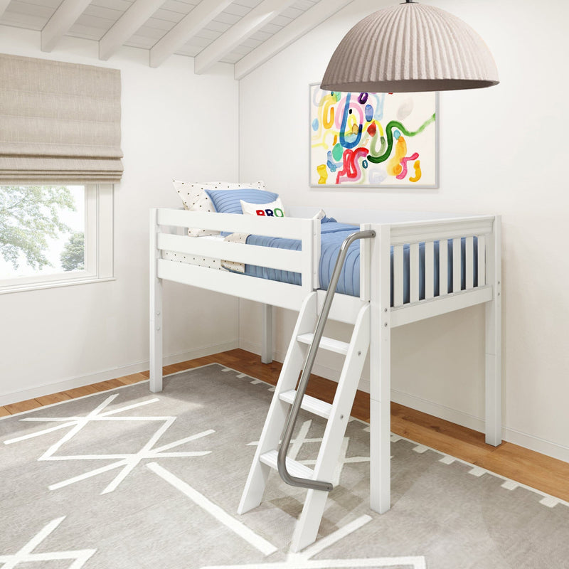 White children's loft bed with ladder and blue bedding in bright modern kids' bedroom with colorful abstract wall art, pendant light and window