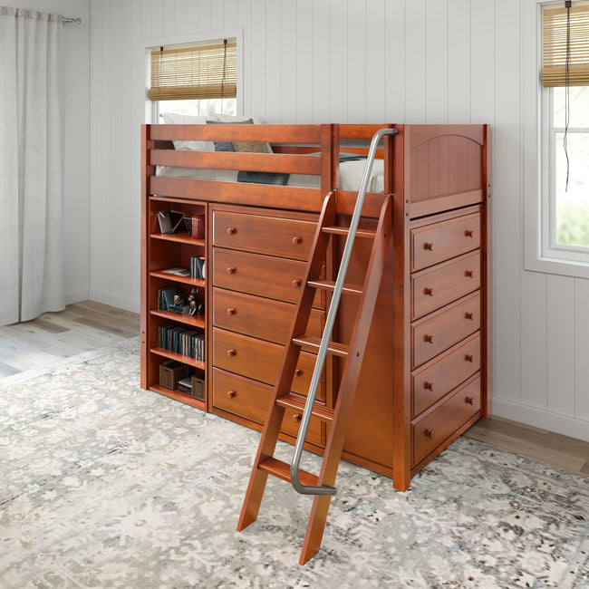 EMPEROR3 CP : Storage & Study Loft Beds Twin High Loft w/ angled ladder, 2x5 drawer dresser, 37.5" High Bookcase, Panel, Chestnut
