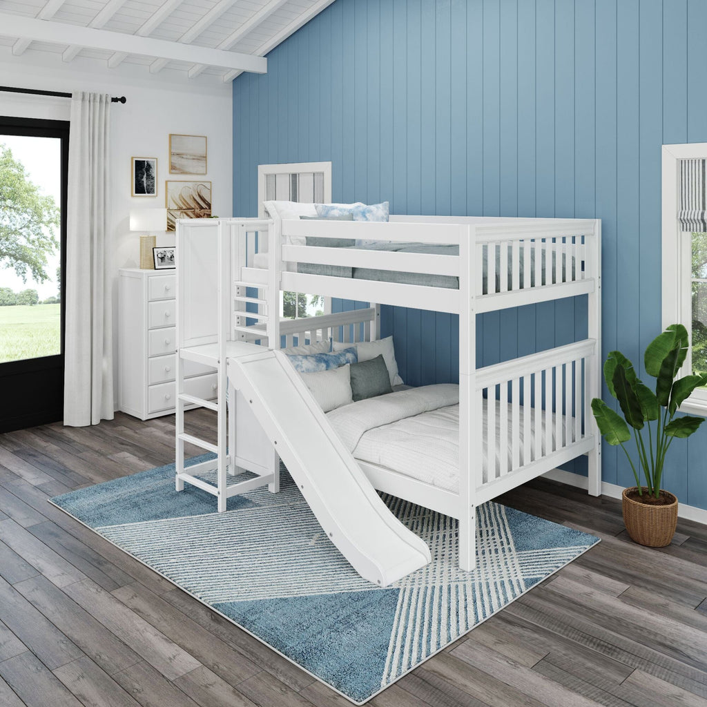 Modular wooden bunk bed set with customizable options and crisp white bedding in modern bedroom.