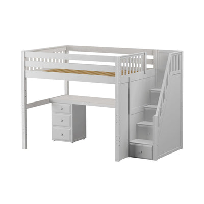 White loft bed with built-in desk and storage drawers, featuring stairs for easy access.