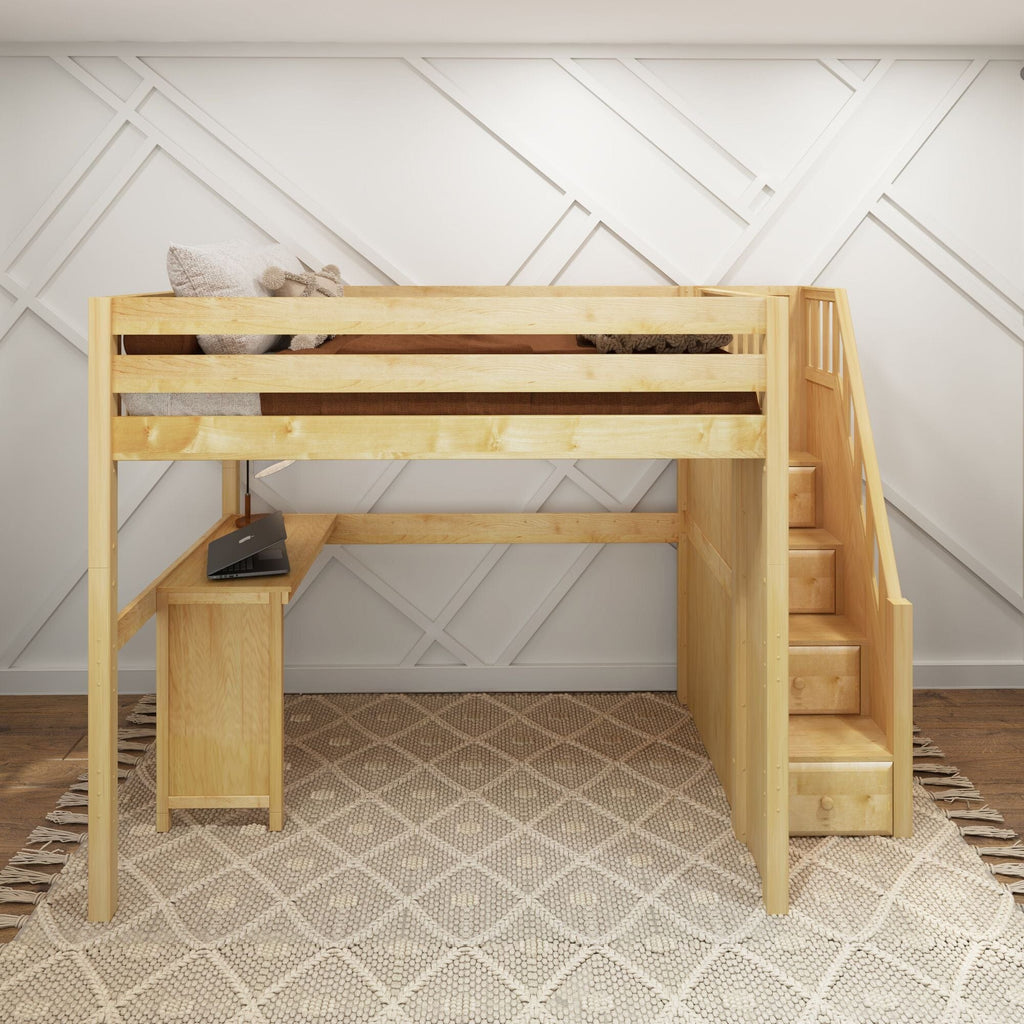 Natural wood loft bed with built-in desk and stair storage in modern kids' room with geometric accent wall