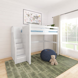 White kids loft bed with built-in storage stairs in bright children's bedroom with large window, green area rug, navy pouf, teddy bear and world map wall art