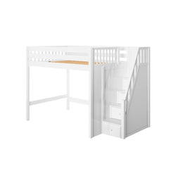 White wooden loft bed with built-in staircase and storage drawers, slatted mattress platform, space-saving kids bunk