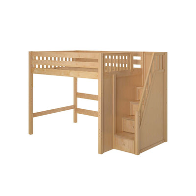 Wooden loft bed with staircase and storage drawers, perfect for maximizing space in children's bedrooms.