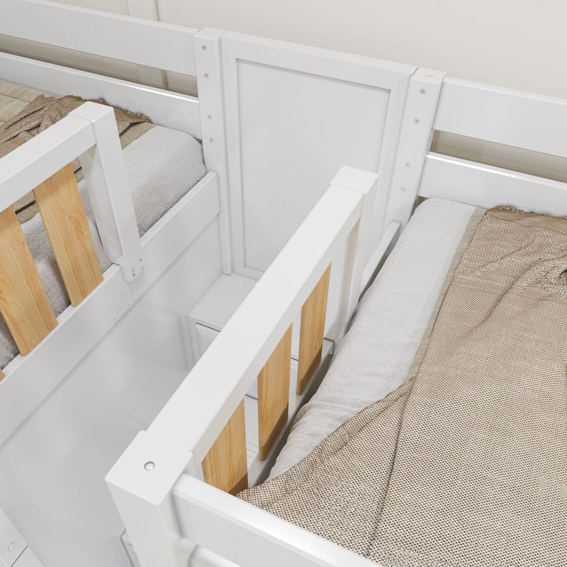 Close-up of white wooden bunk bed guardrails with natural wood slats and beige bedding, modern twin bed safety rails